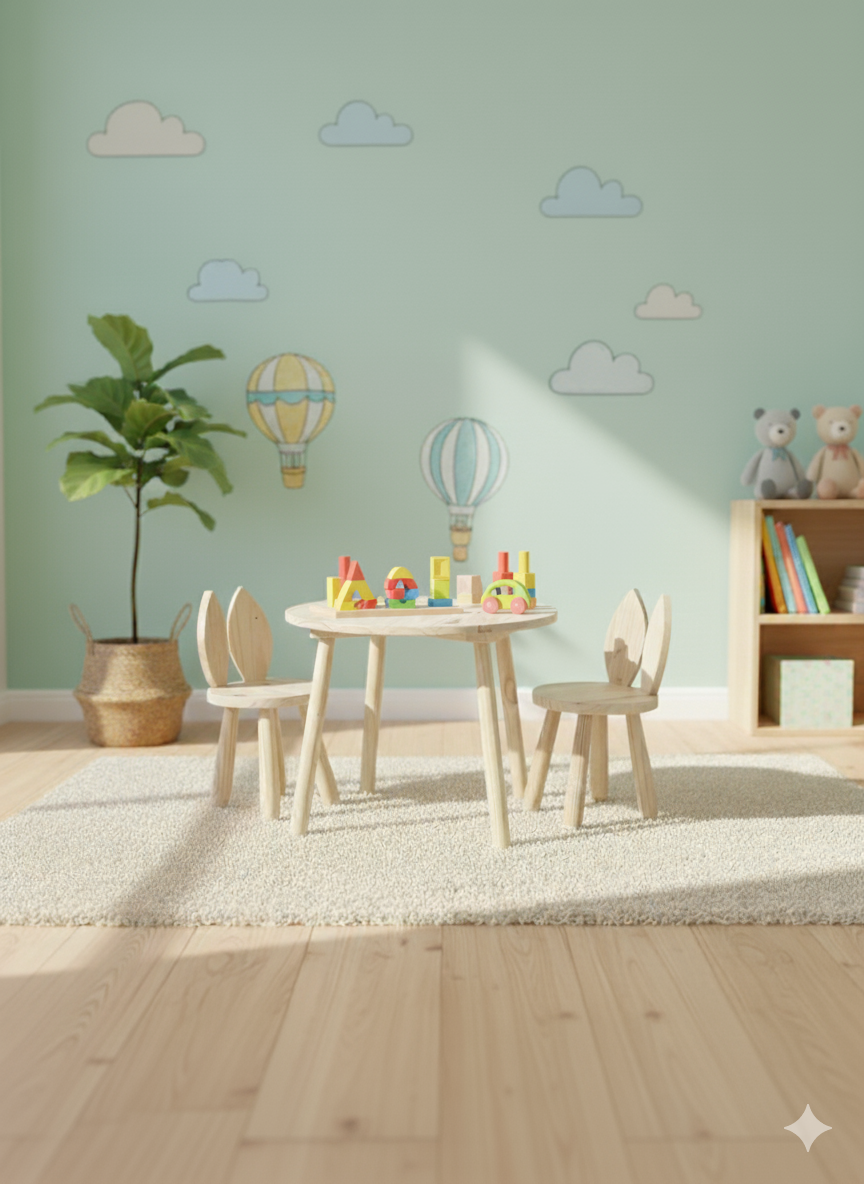 Juego de mesa infantil + 2 sillitas de conejo – 60x60cm